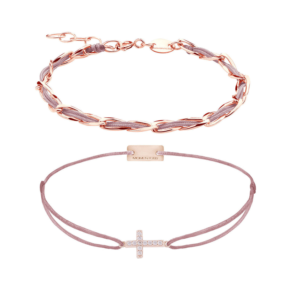 Armband Set Rosa-Braun, beide Armbänder im Überblick: Unico und Kreuz-Zirkonia-Armband aus 925 Sterling Silber rosé vergoldet mit rosa-braunem Textilband