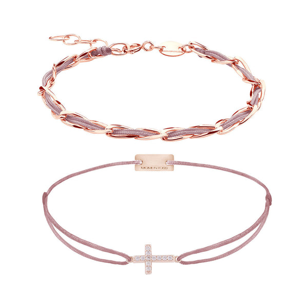 Armband Set Rosa-Braun, beide Armbänder im Überblick: Unico und Kreuz-Zirkonia-Armband aus 925 Sterling Silber rosé vergoldet mit rosa-braunem Textilband