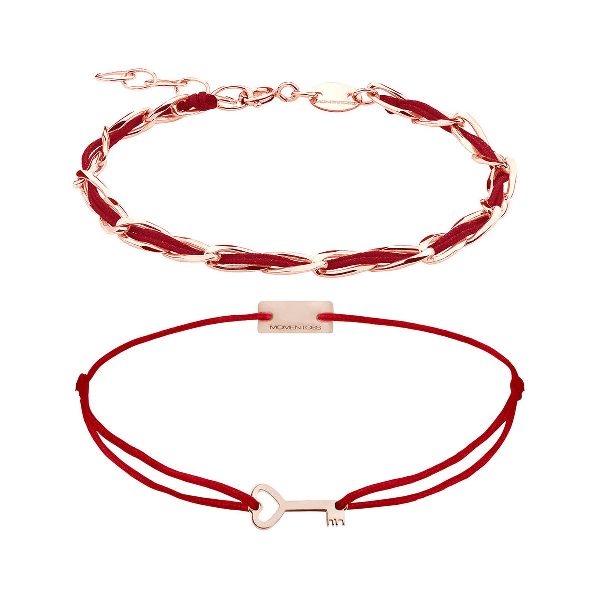 Armband Set Dunkelrot, beide Armbänder im Überblick: Unico und Schlüssel-Armband aus 925 Sterling Silber rosé vergoldet mit dunkelrotem Textilband