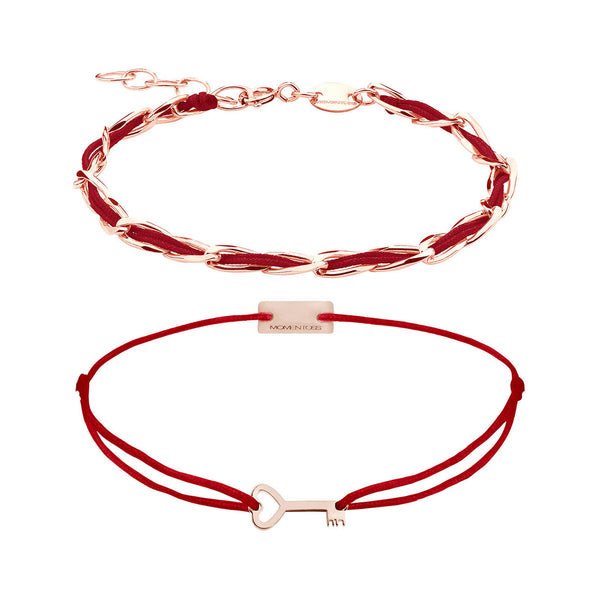 Armband Set Dunkelrot, beide Armbänder im Überblick: Unico und Schlüssel-Armband aus 925 Sterling Silber rosé vergoldet mit dunkelrotem Textilband