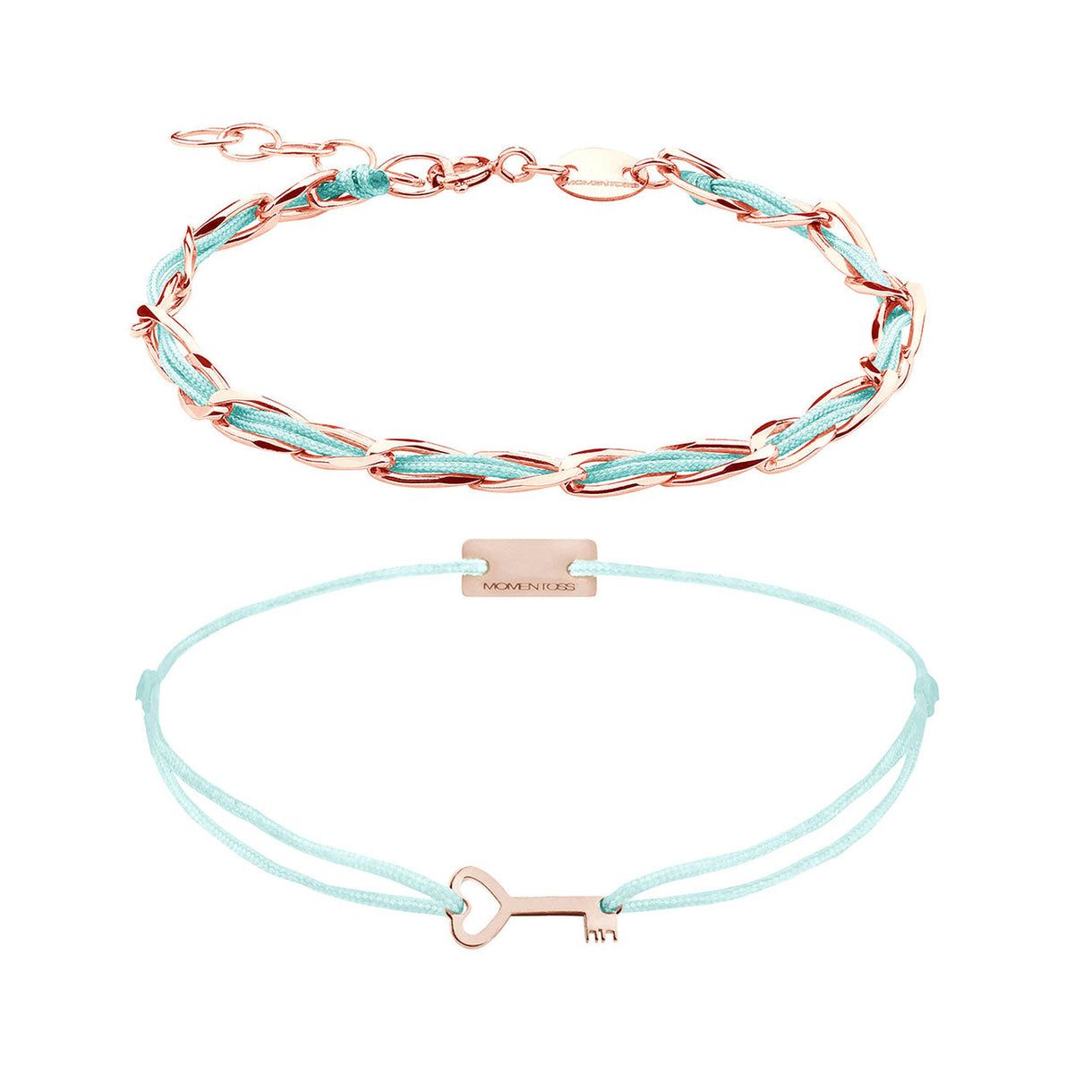 Armband Set Türkis, beide Armbänder im Überblick: Unico und Schlüssel-Armband aus 925 Sterling Silber rosé vergoldet mit türkisem Textilband
