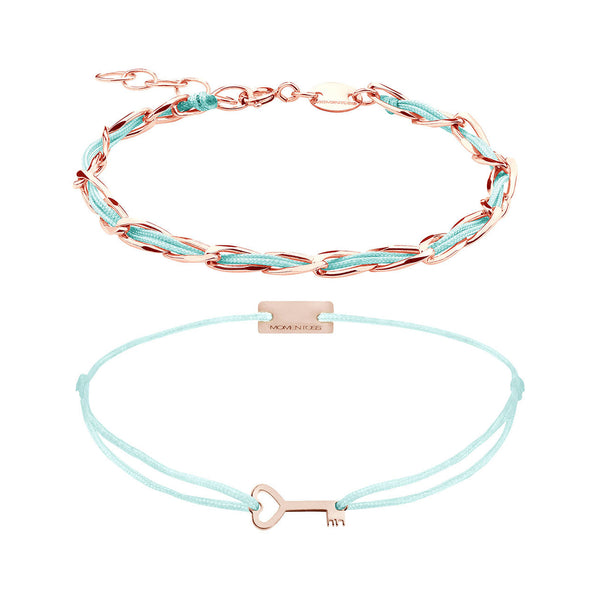 Armband Set Türkis, beide Armbänder im Überblick: Unico und Schlüssel-Armband aus 925 Sterling Silber rosé vergoldet mit türkisem Textilband