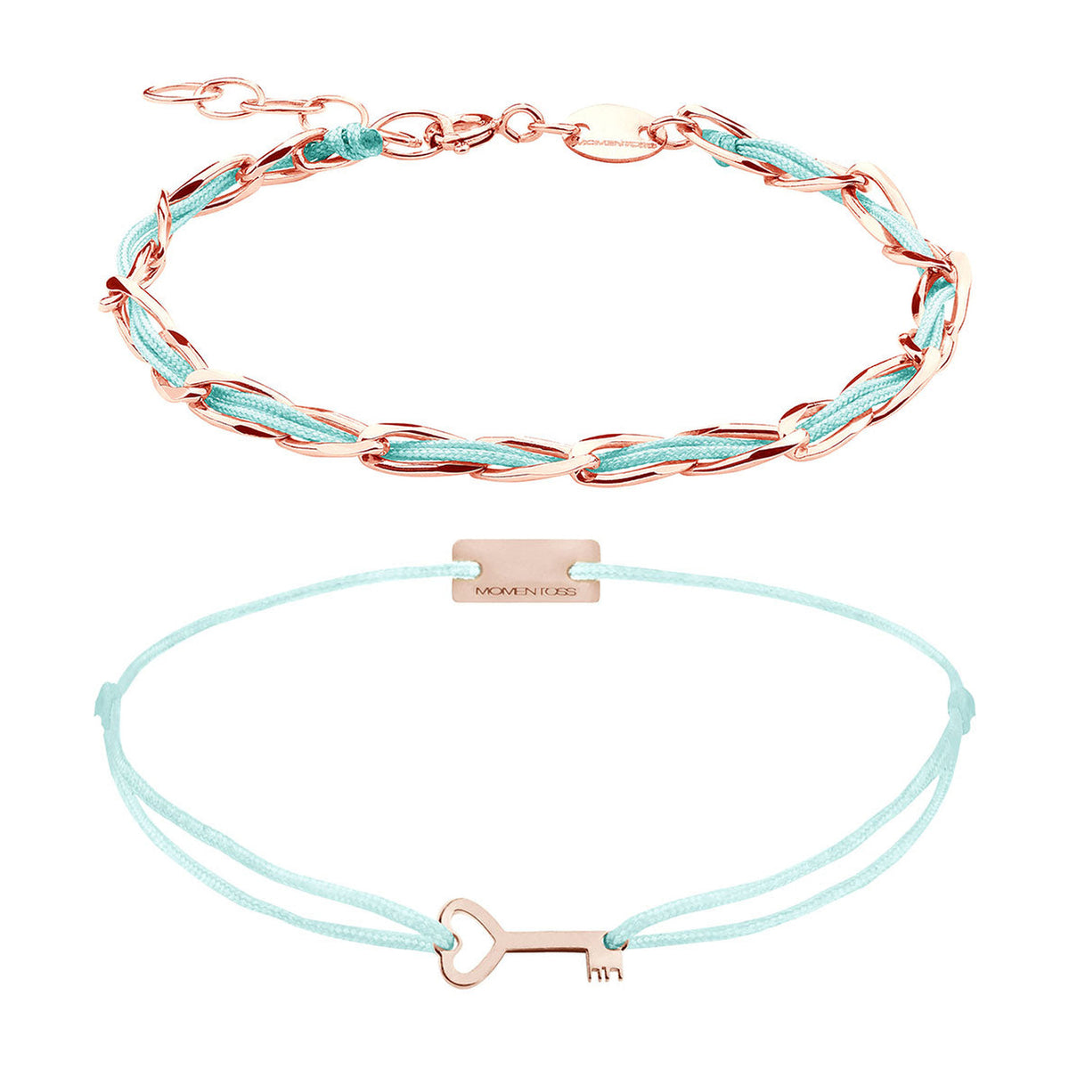 Armband Set Türkis, beide Armbänder im Überblick: Unico und Schlüssel-Armband aus 925 Sterling Silber rosé vergoldet mit türkisem Textilband