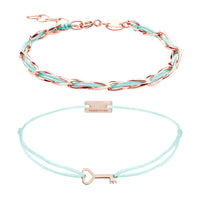 Armband Set Türkis, beide Armbänder im Überblick: Unico und Schlüssel-Armband aus 925 Sterling Silber rosé vergoldet mit türkisem Textilband