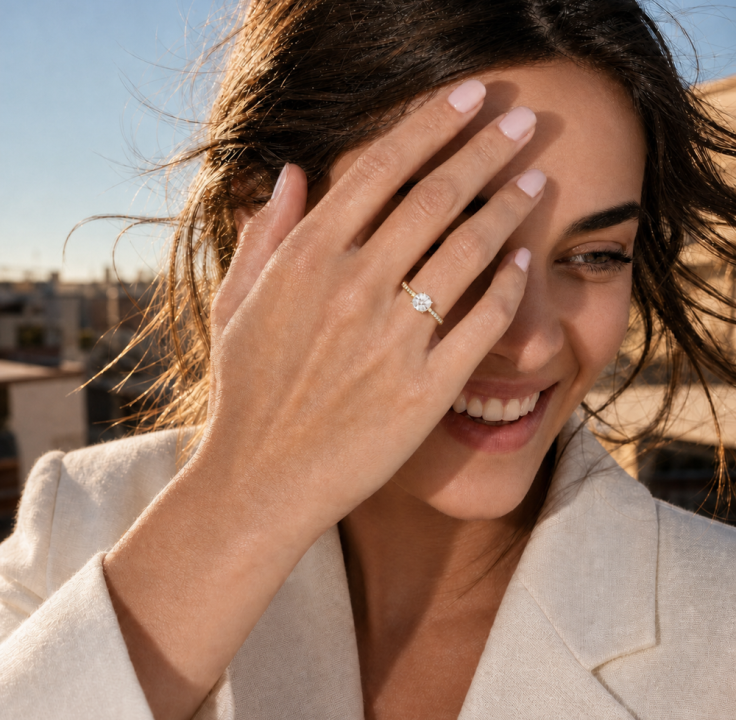 Frau mit Verlobungsring mit Lab-Grown Diamant