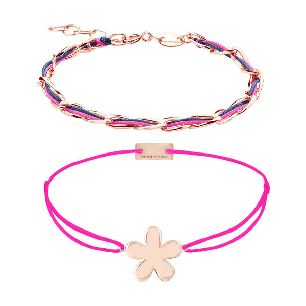 Armband Set pink: Unico Gliederarmband und Blumen-Armband, 925 Silber rosé vergoldet