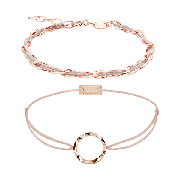 Armband Set braun-beige: Unico Gliederarmband und Circle Armband, 925 Silber rosé vergoldet