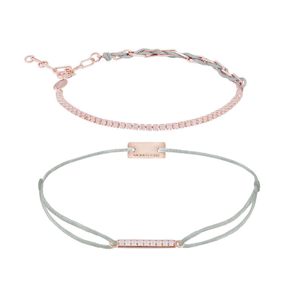 Armband Set hellgrau: Unico mit Zirkoniareihe und Line Zirkonia, 925 Silber rosé vergoldet