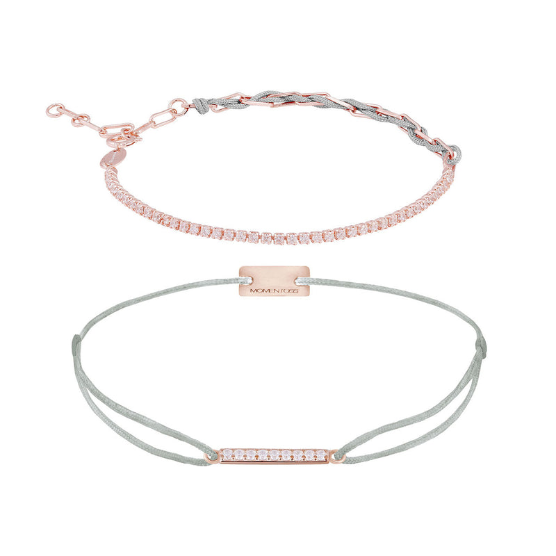 Armband Set hellgrau: Unico mit Zirkoniareihe und Line Zirkonia, 925 Silber rosé vergoldet
