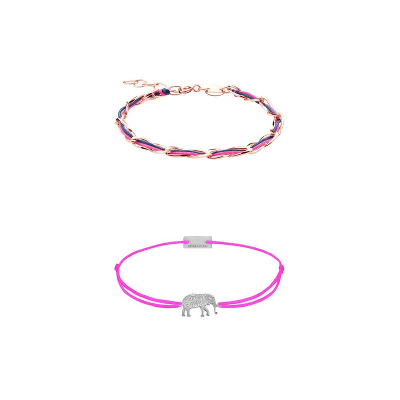 Sommer-Set Armband Unico pink/dunkelblau und Armband Elefant pink, 925 Silber, Momentoss Wien
