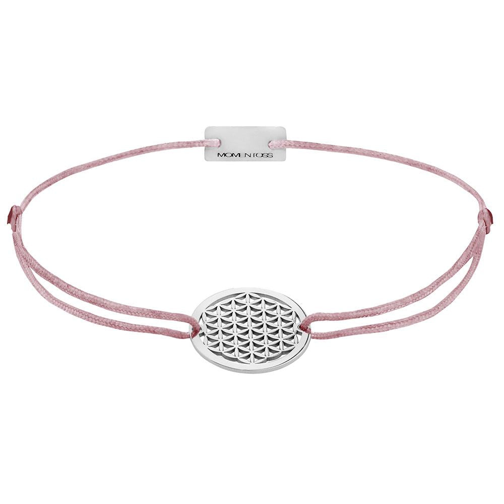 Armband Silber rhodiniert Lebensblume, Textil rosa-braun